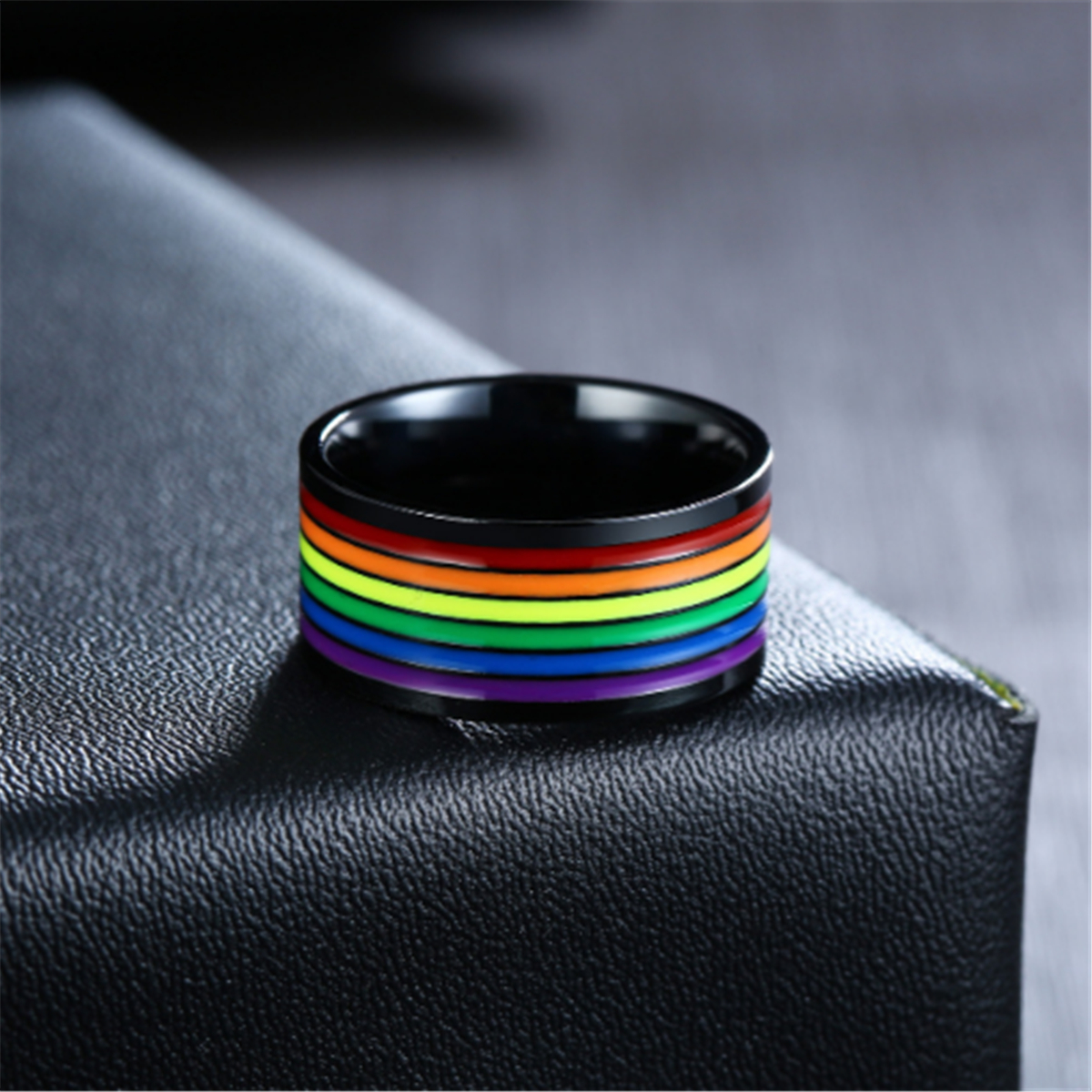 Men Stainless Steel Black Rainbow Color Ring Band Pride Gay Rings