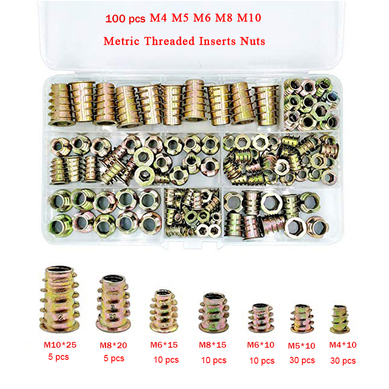 100pcs M4 M5 M6 M8 M10 THREADED HEX DRIVE INSERT FIXING WOOD SCREW