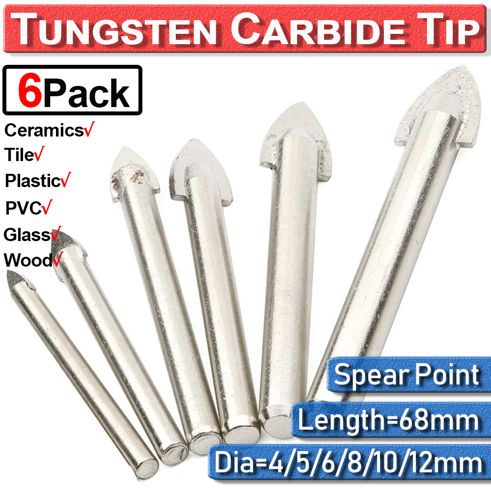 412mm Spear Tile 6Pc Head Carbide Tip Drill Bits For Porcelain Glass