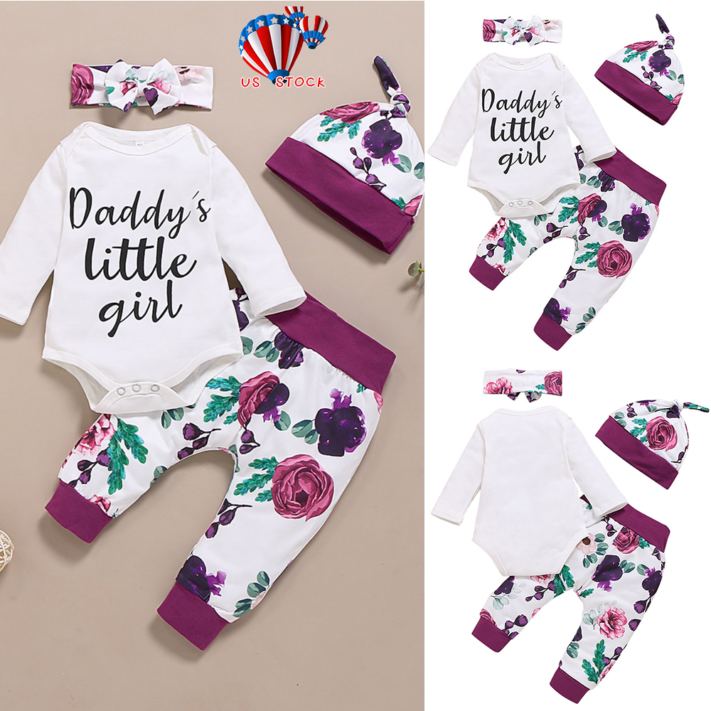 Infant Newborn Baby Girls Tops Romper Floral Pants Hairband Outfits Set Clothes