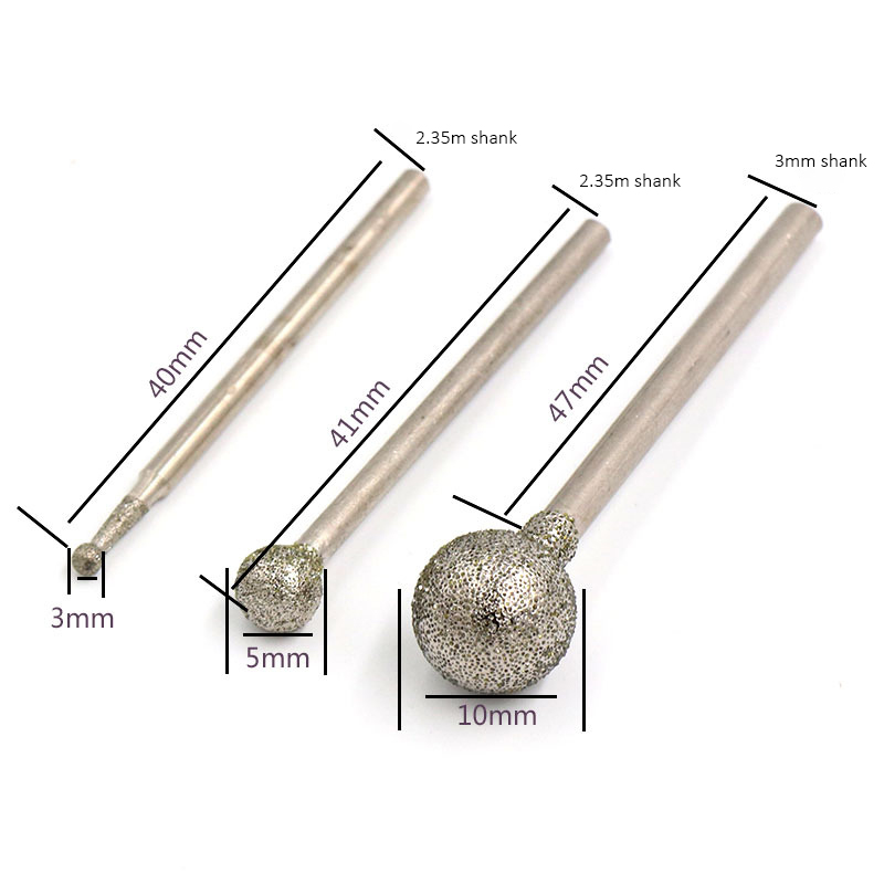 30pc Diamond Coated 3 mm sphère boule forme Rotary Pointu tête de bavures Forets S