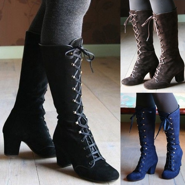 Women Round Toe Mid Block Heel Lace Up Mid Calf Boots Gothic Vintage Style Shoes