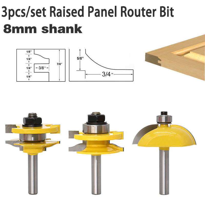 3x 8mm Shank Hard Raised Panel Cabinet Door Frames Router Bit Set