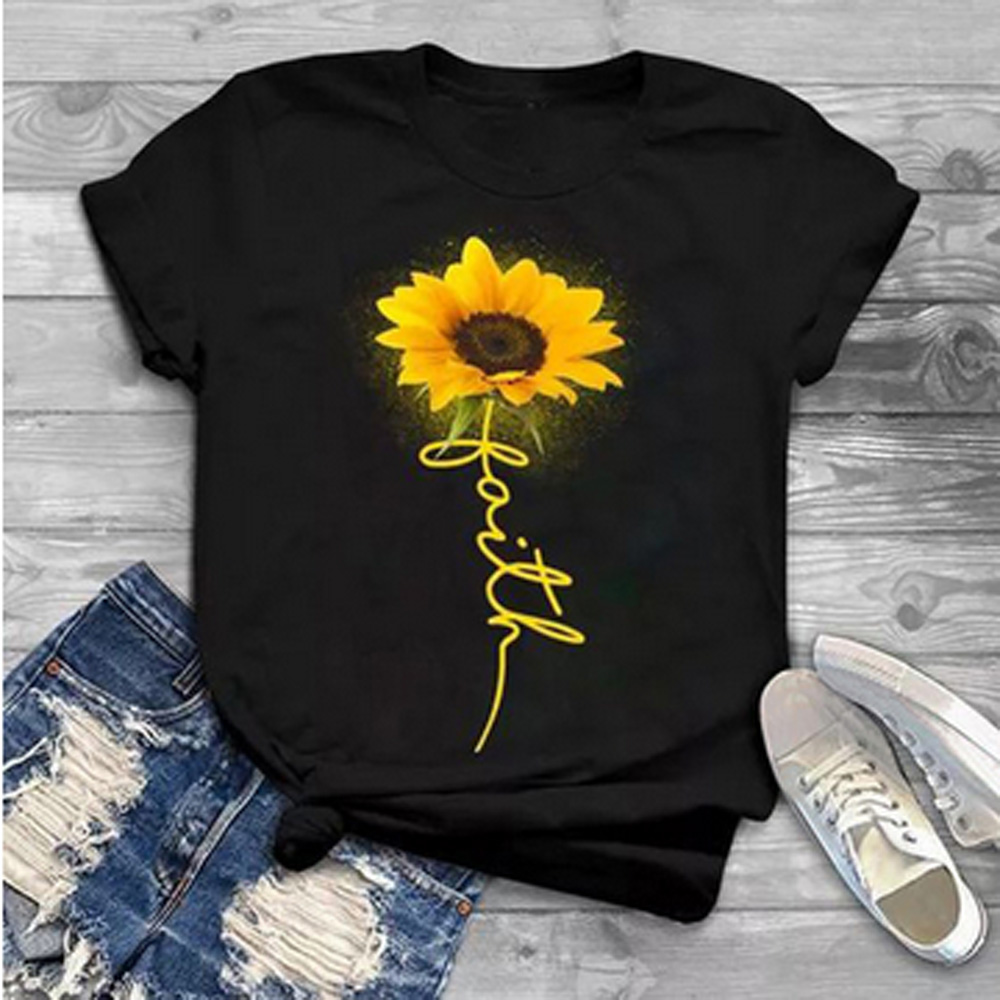 Download Womens Sunflower Print Short Sleeve T Shirt Ladies Summer ...