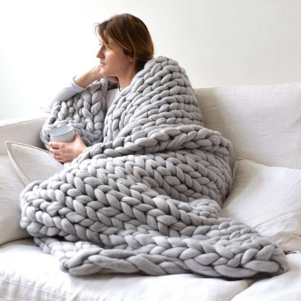 Winter Warm Hand Chunky Knitted Blanket Thick Yarn Merino Wool Bulky Knit Grey EBay