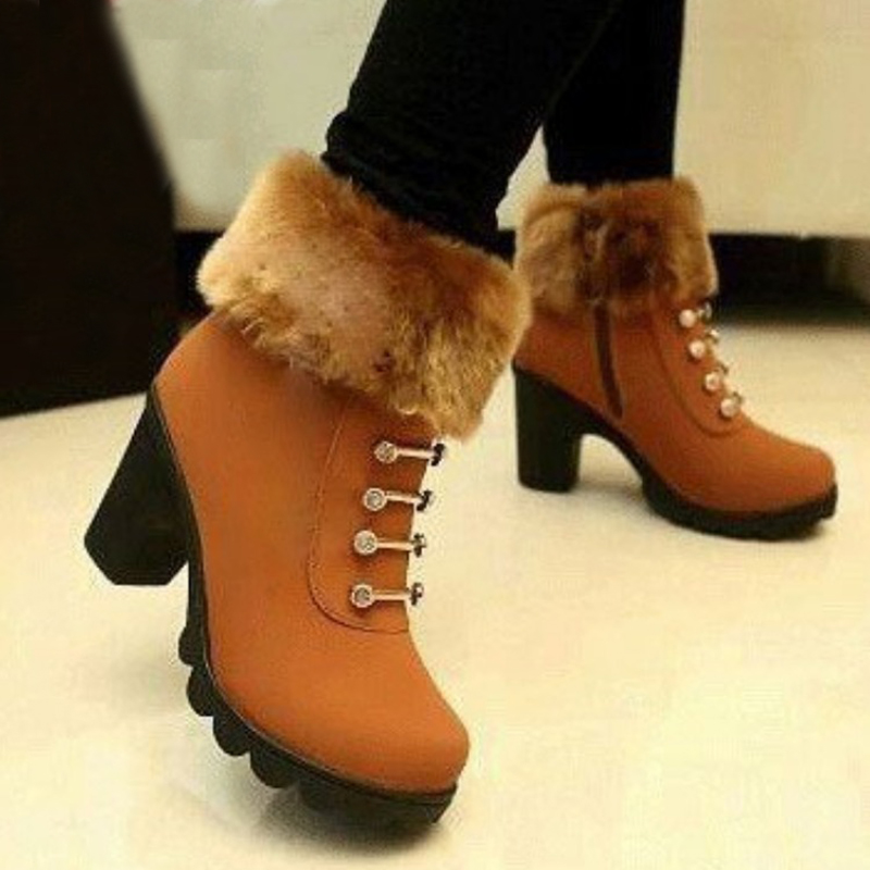 Women Winter Fur Lined Ankle Boots Ladies Chunky Block Heel Booties Shoes 68.5 eBay