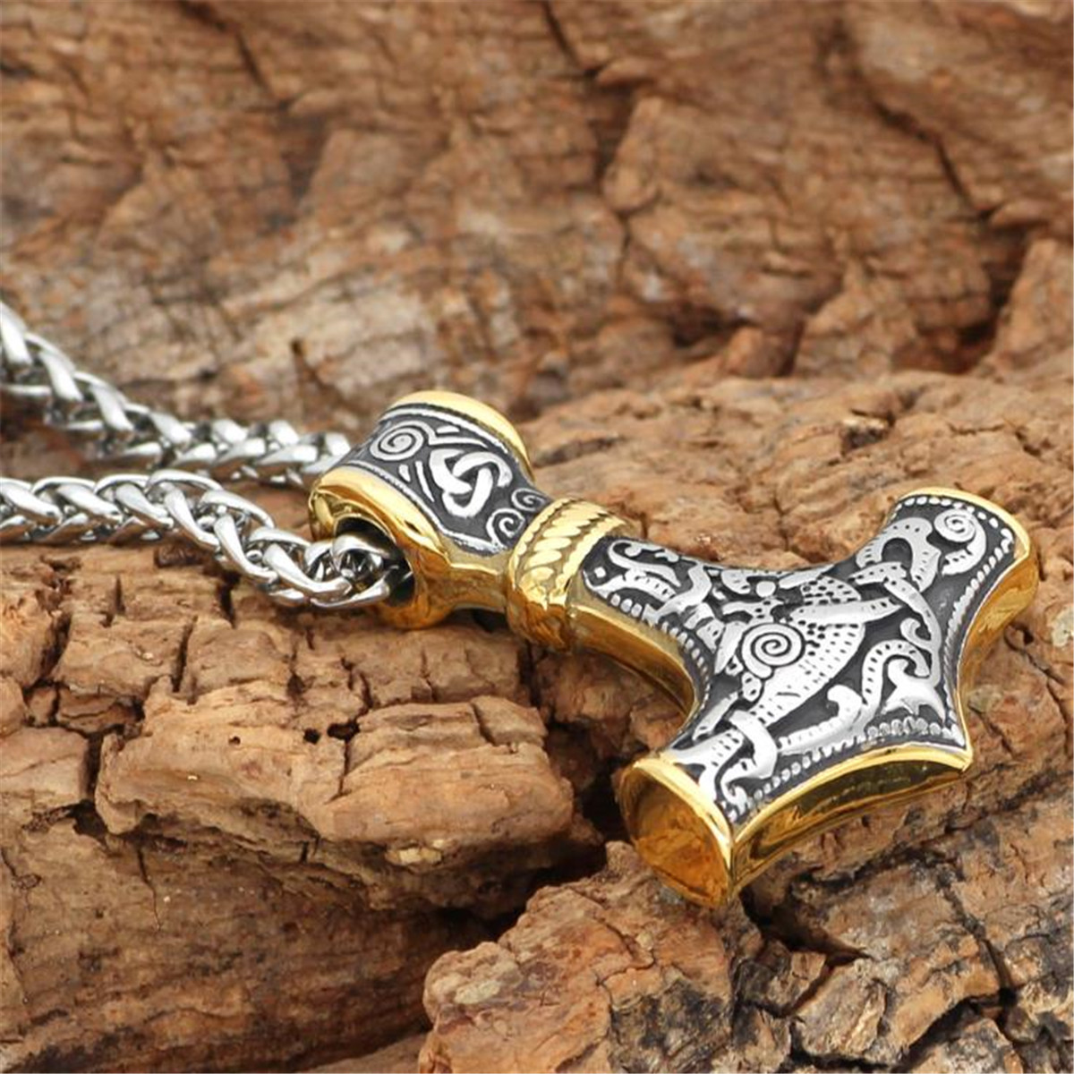 Men's Titanium Steel Gold Norse Viking Thor Hammer Pendant Necklace