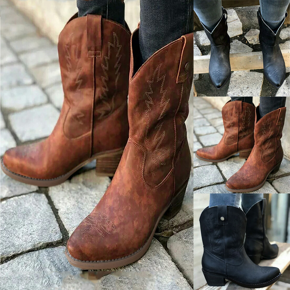 Womens Vintage Tassel Western Cowboy Low Chunky Heel Mid Boots Pull-on Shoes