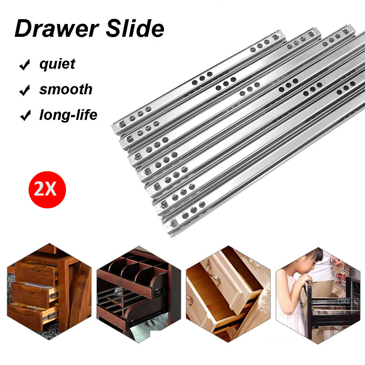 1pair 17mm Ball Bearing Drawer Runners Slides 182 400mm 2 Way
