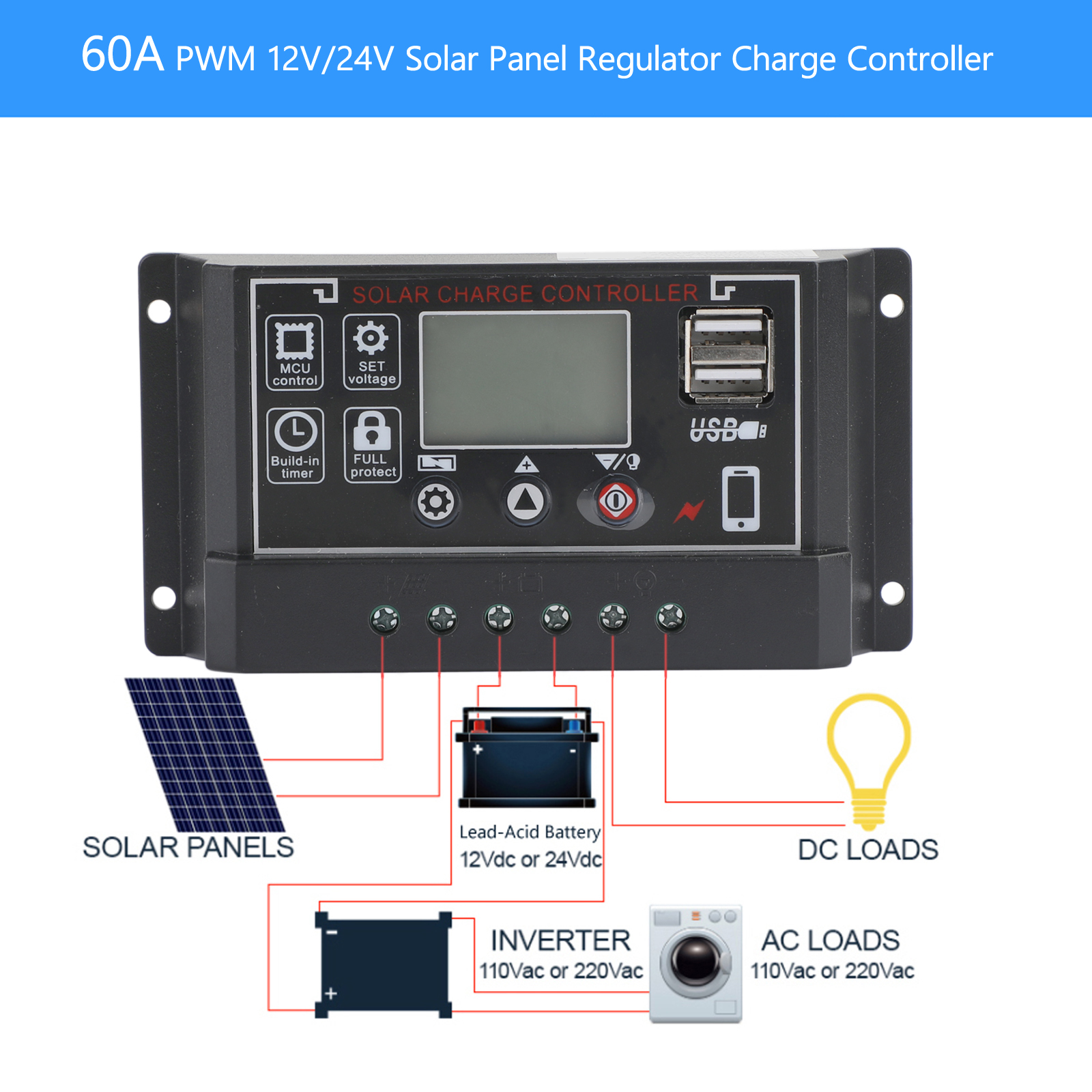 10/20/30/50/70A MPPT/PWM Solar Panel Regulator Charge Controller 12V/24V