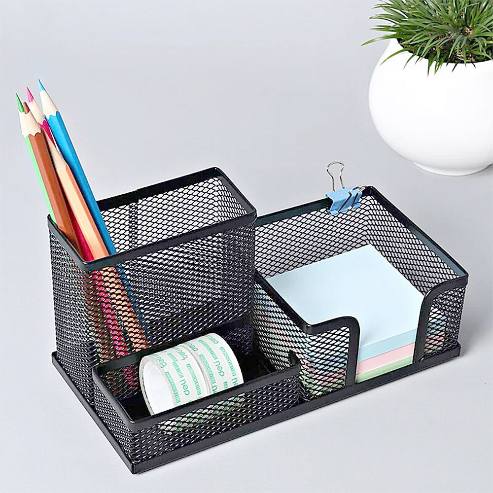 10cm Grey Plastic Pen Pot Holder Desktop Organiser Basket Office Desk Accessory