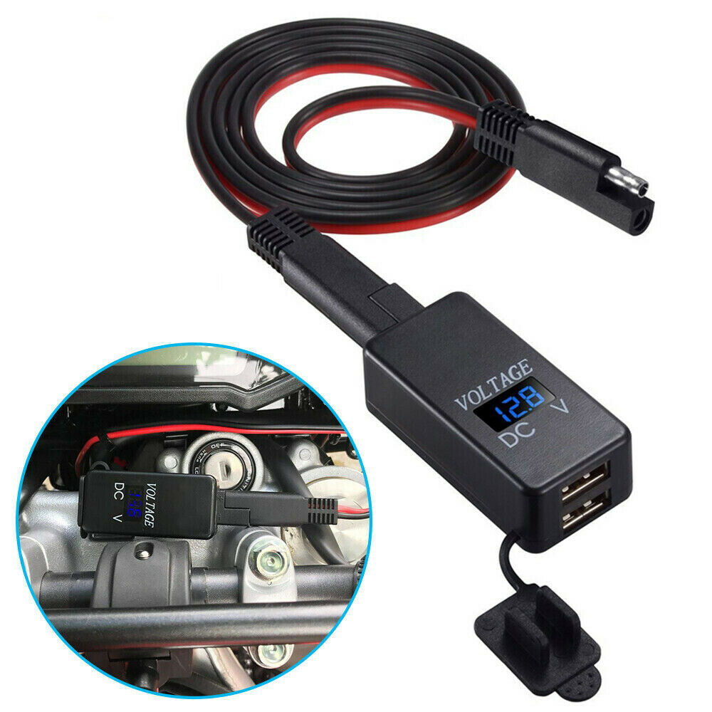 12V Motorcycle SAE to Dual USB Charger Cable Adapter & Voltmeter