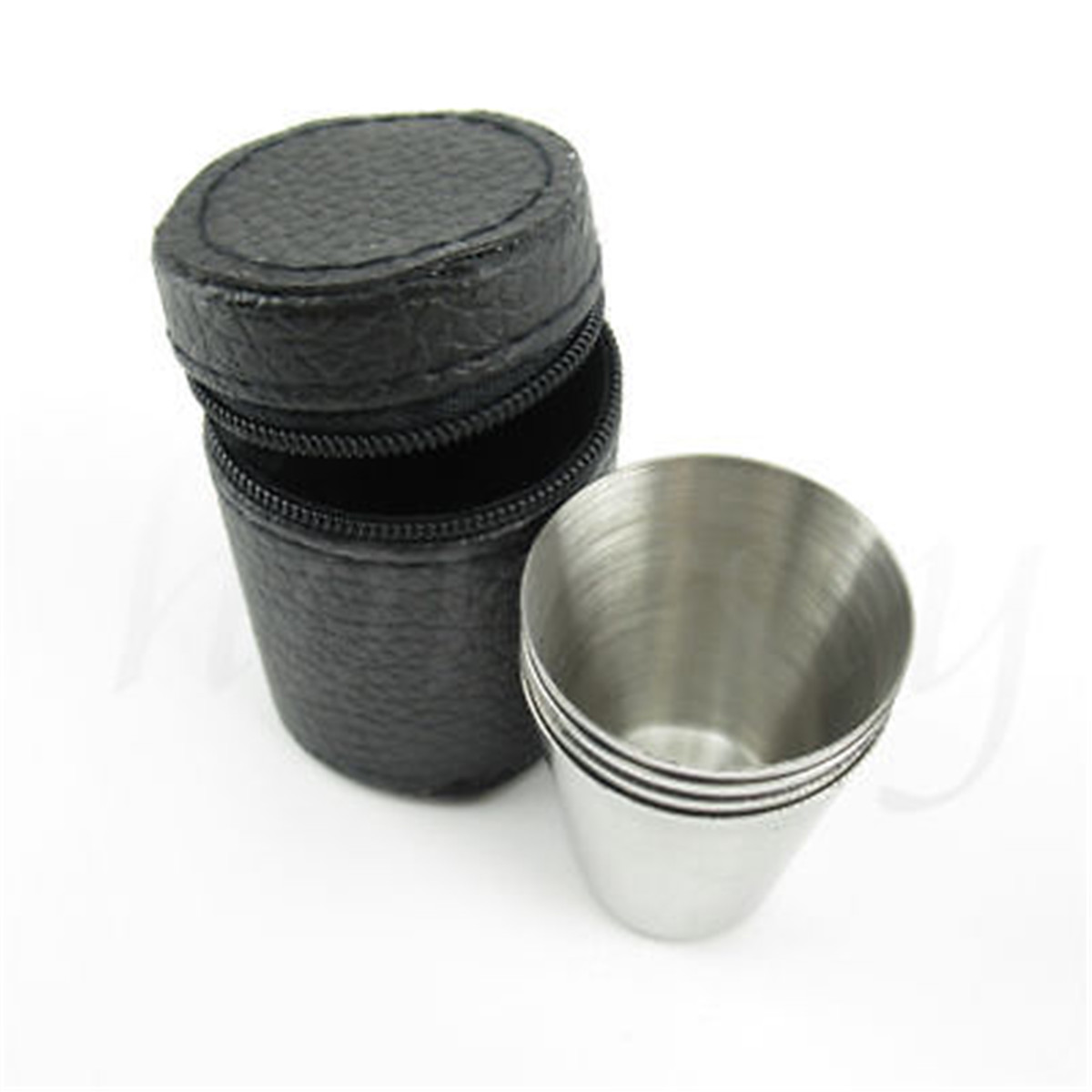4pcs Stainless Steel Shot Glass Cup Drinking Mug w/ PU Leather Cover