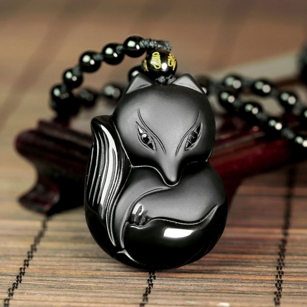 Natural Obsidian Fox Empress Lucky Amulet Pendant Necklace Adjust Cord ...