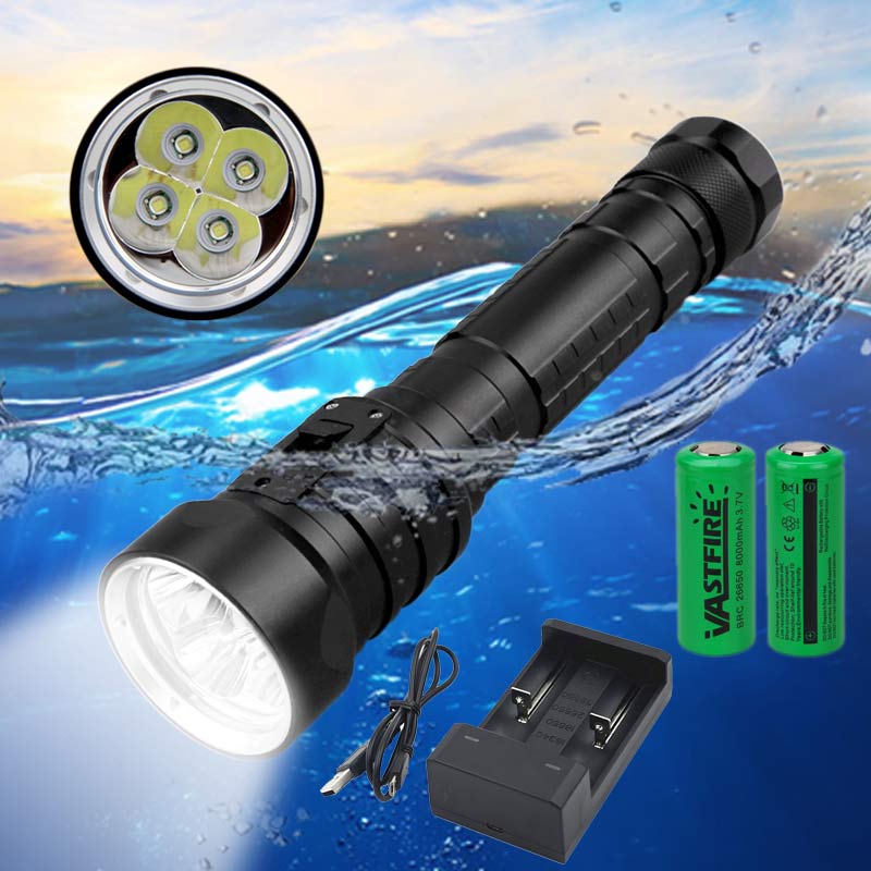 20000Lm 4x XM-L T6 LED Scuba Light Flashlight Fishing Torch Lamp Underwater 100m 