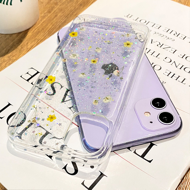 Glitter Real Dried Flower Clear Case Cover For iPhone 14 13 Pro