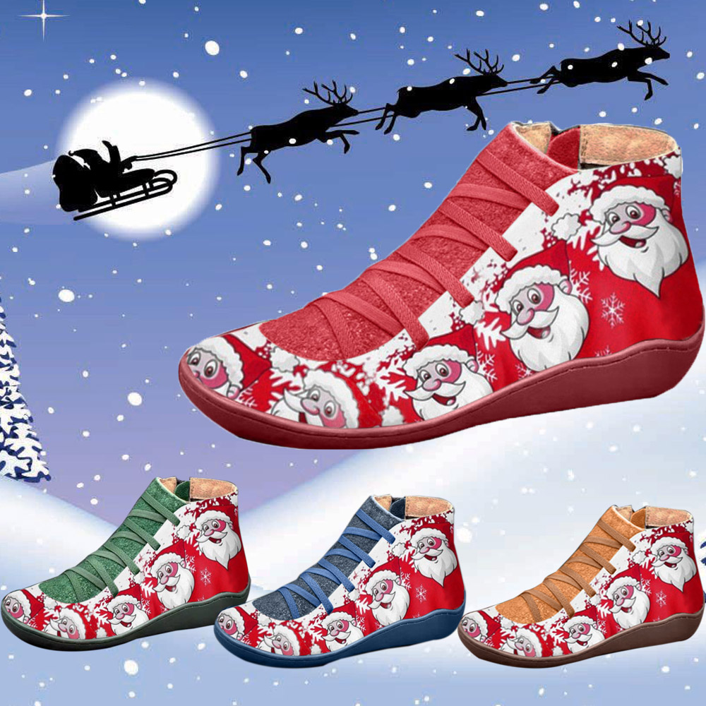 Women Zipper Christmas Ankle Boots Lace Up Casual Flat Santa Claus Gift ...