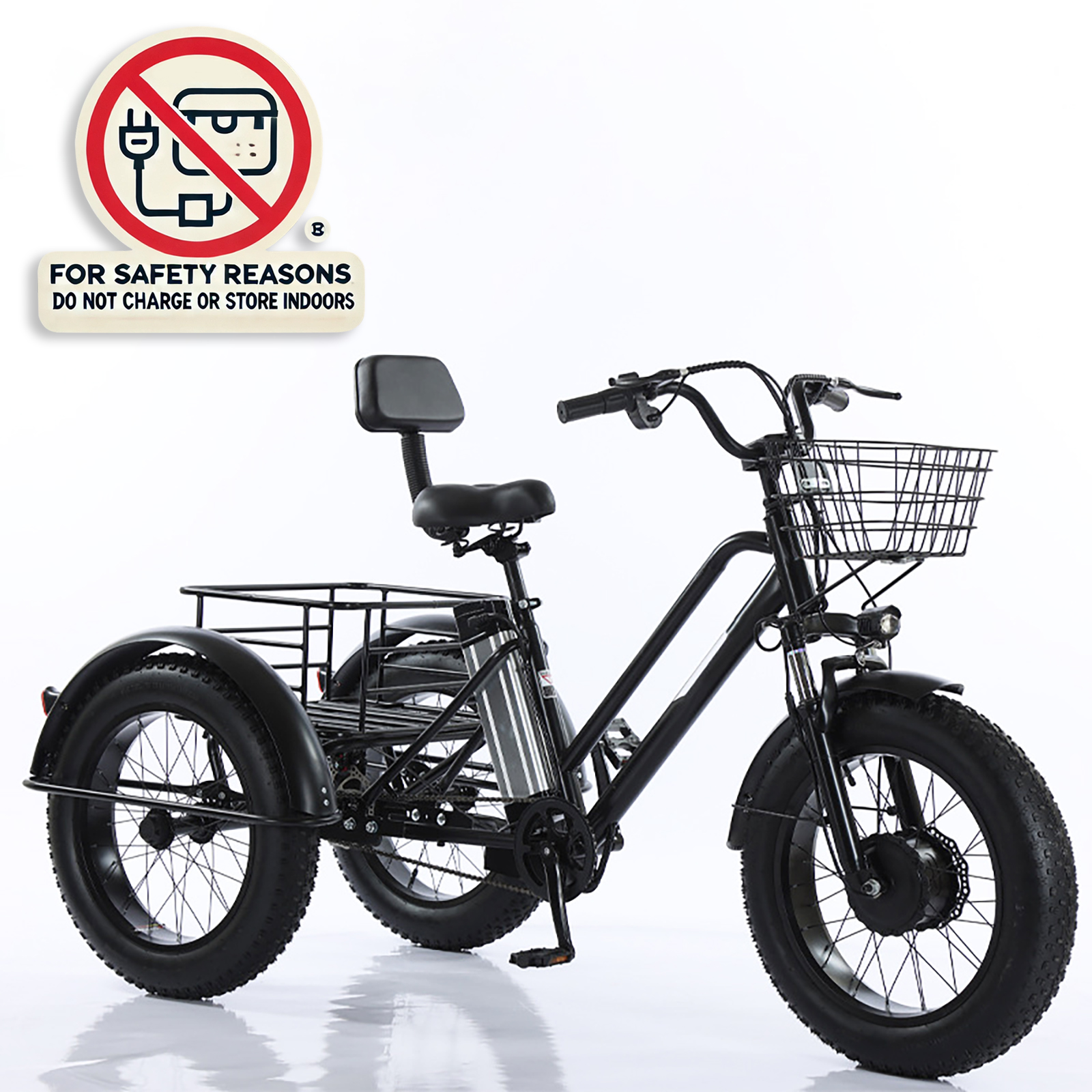 500W Folding Electric Tricycle with 20-inch Fat Tires, Foldable Frame and Large Cargo Basket