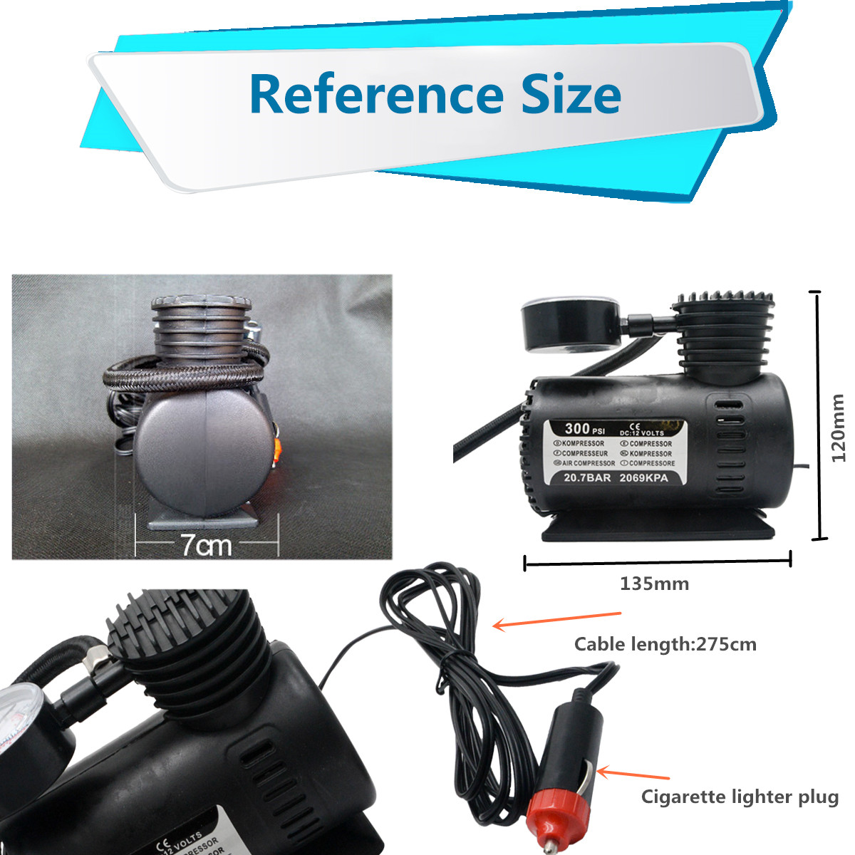 1xCar 12V 300PSI Compact Air Compressor Pump Bike Car Van Tyre Inflator