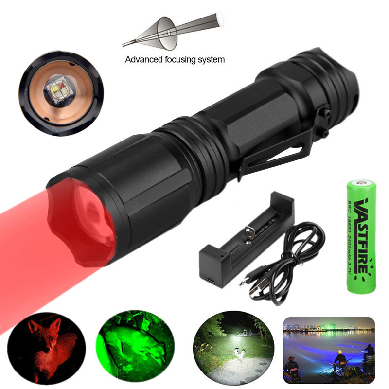 Red Green Blue White 4 in 1 Tactical Flashlight Zoom Torch Lamp Coyote Hunting