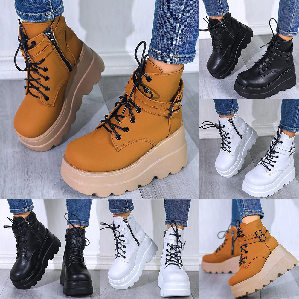 ❤️ Women Ankle Boots Goth Punk Chunky Platform Wedge Heel Zip Lace Up Shoes Size