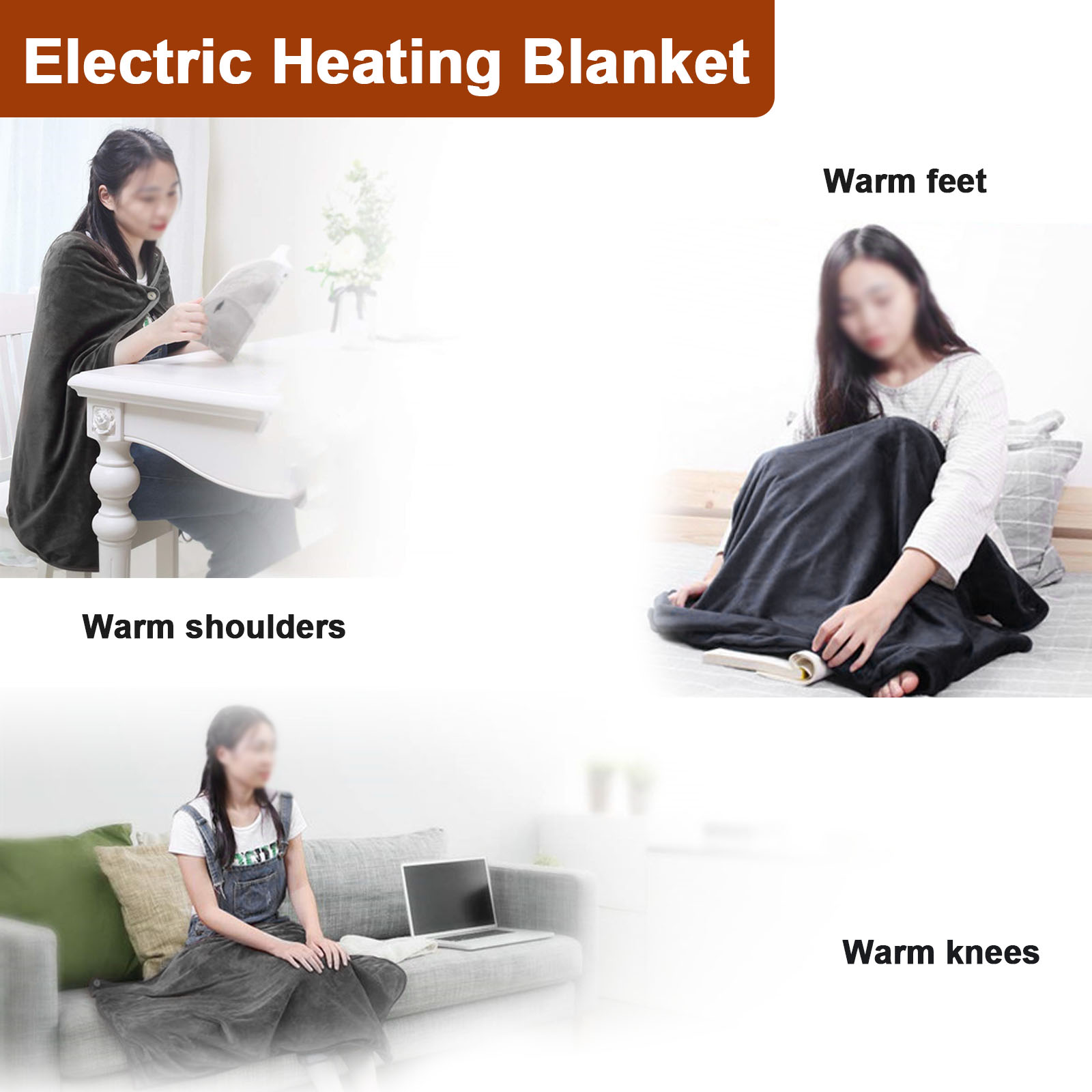 Portable USB Rechargeable Heated Electric Blanket Winter Warming Shawl Gray