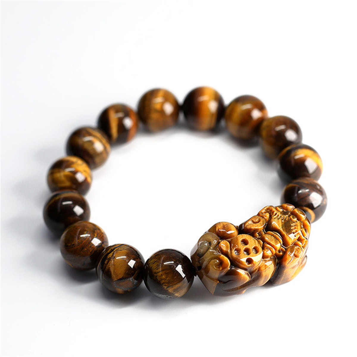 Handmade Tiger Eye Jade Dragon Pi Xiu Coin Bangle - Feng Shui Bracelet With Cat Motif, Stone Beads, No Clasp
