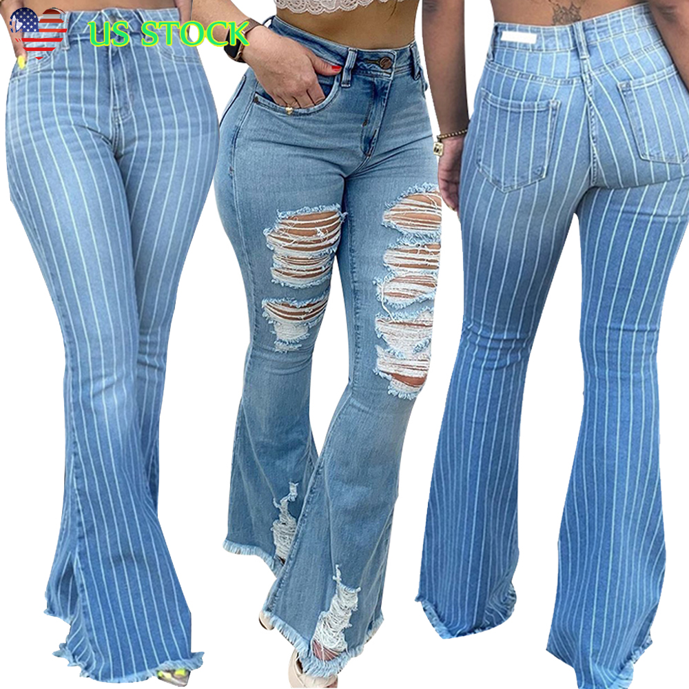 Women's Ripped Striped Denim Pants Bell Bottoms Jeans Full Length Flare ...
