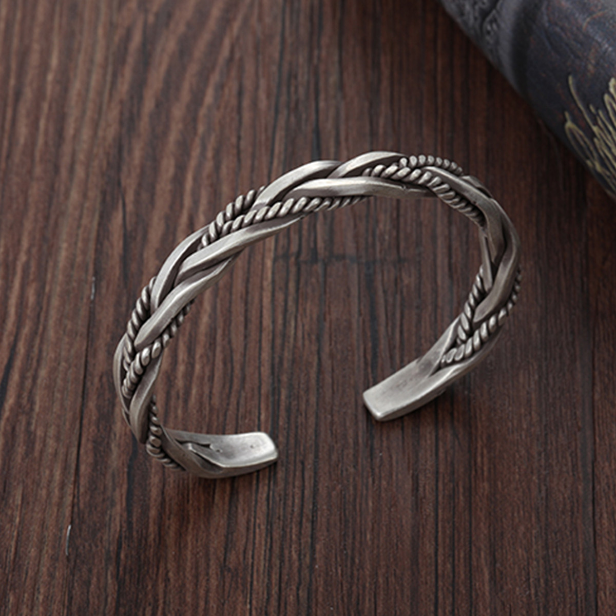 925 Sterling Silver Thai Handmade Men Vintage Open Bangle Twisted