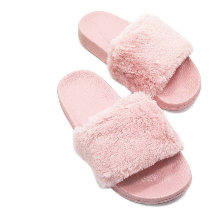 Womens Fur Fluffy Sliders Sandals Flat Comfy Slides Slippers Casual ...