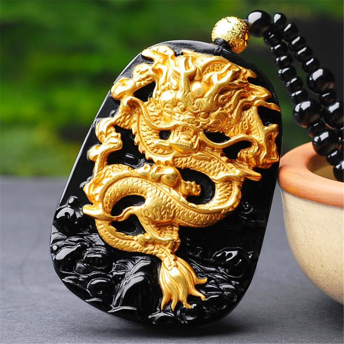 18k gold plated dragon carved obsidian necklace
