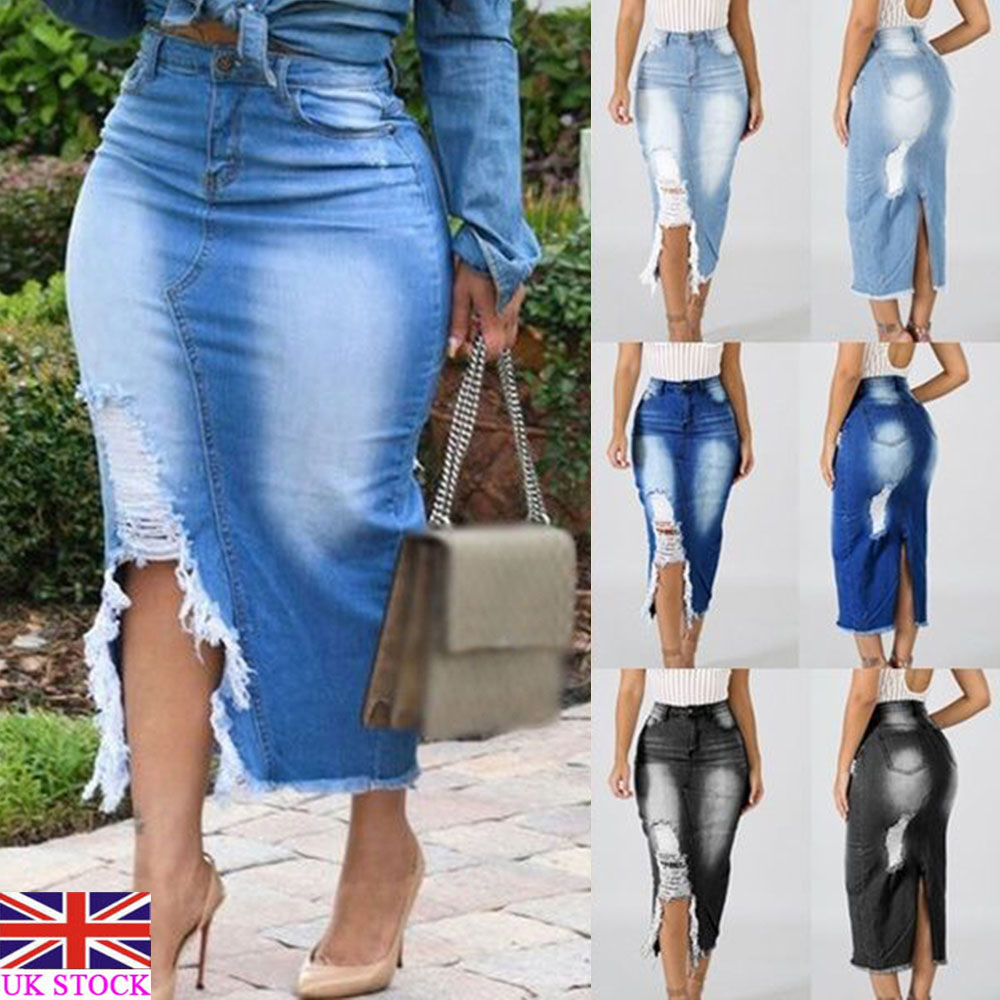 Womens Ladies High Waist Ripped Denim Pencil Skirts Jeans Midi Dresses Plus Size