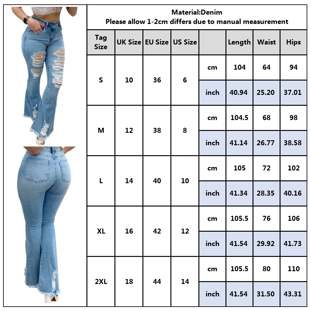 Women's Striped Flare Denim Pants Ladies High Waist Ripped Hole Jeans ...