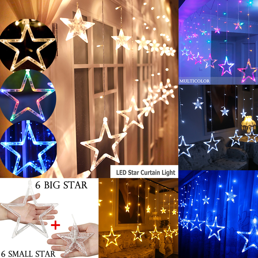 Christmas LED Curtain Star Fairy Lights Window Hanging String Lamp Xmas Party 