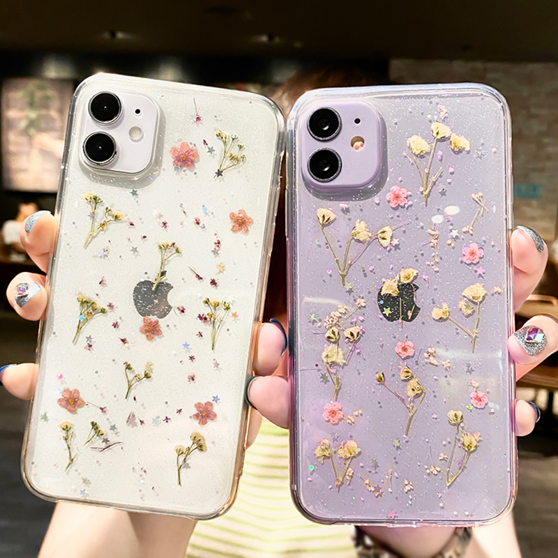 Glitter Real Dried Flower Clear Phone Cover for iPhone 15 14 Pro