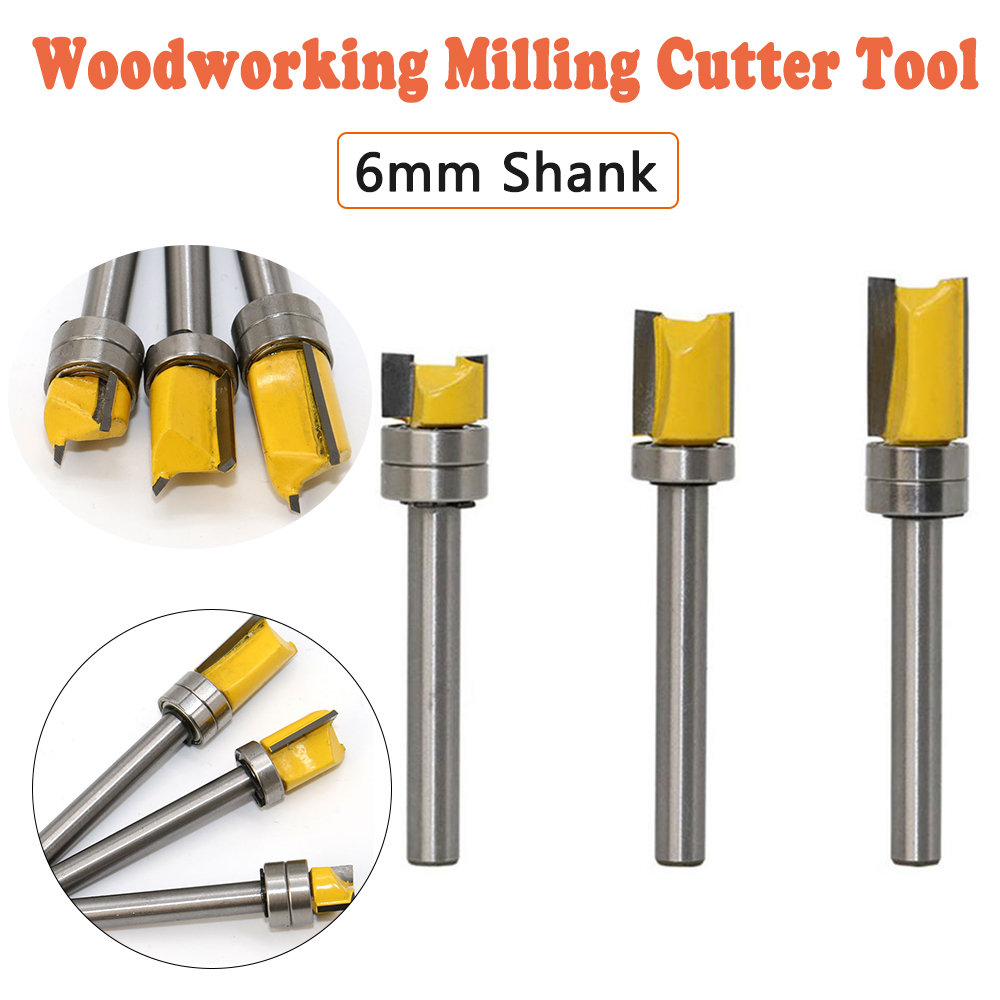 3pcs 6mm Straight Flute Flush Trim Pattern Router Bit Cutter Top Bearing Tools