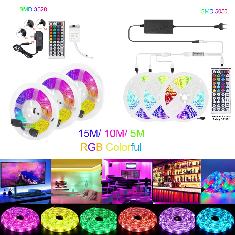 15M//10M//5M SMD RGB 3528 LED Strip Light 44 Key Remote Controller 12V Power Kit