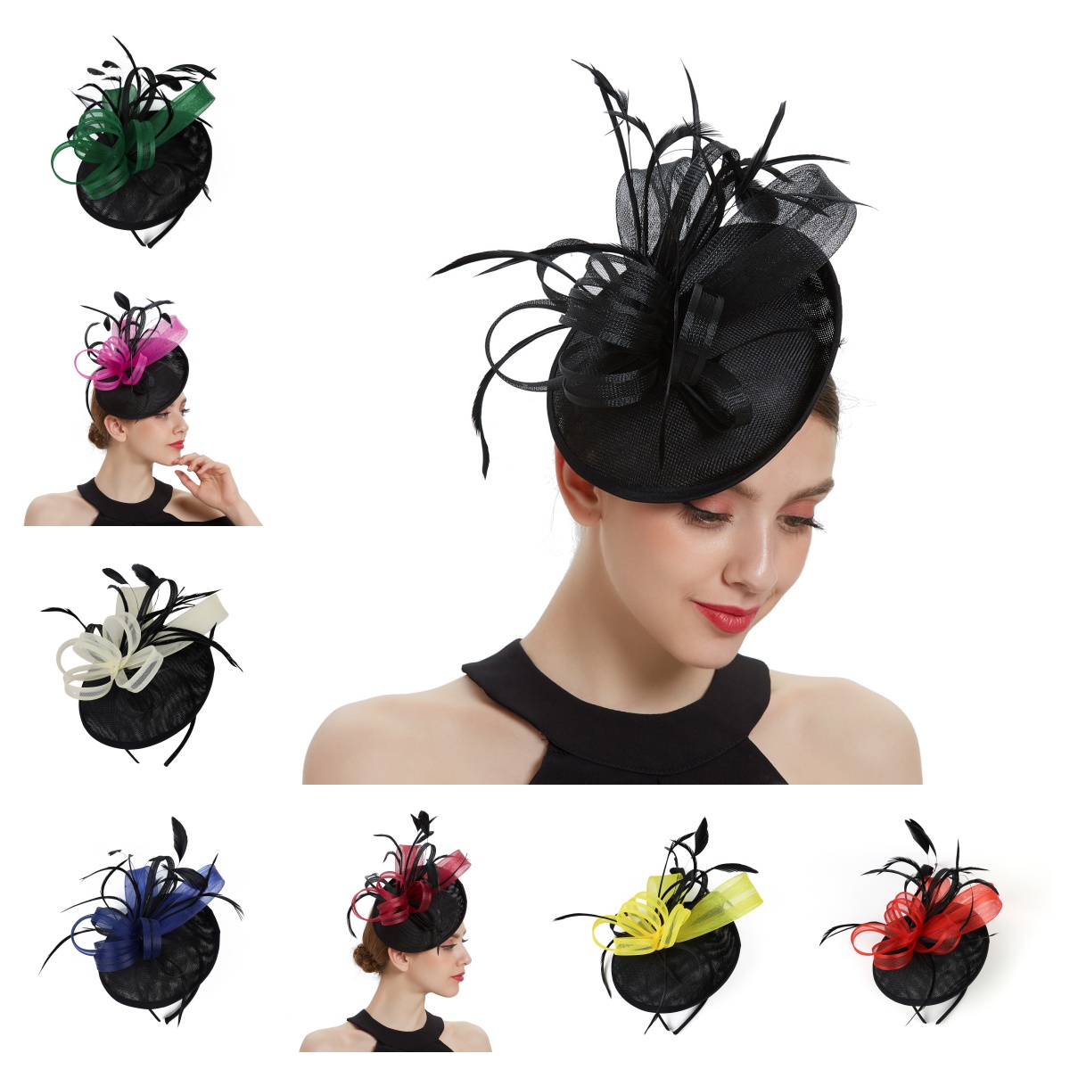 Women Feather Fascinators Hat Kentucky Hat Mesh Wedding Tea 