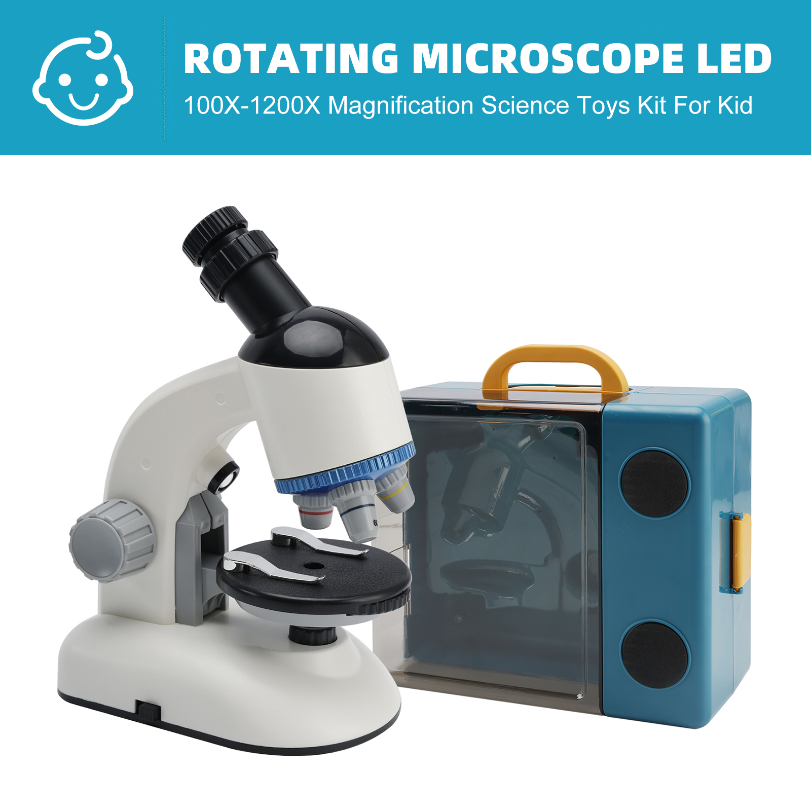 Rotating Microscope LED 100X-1200X Magnification Science Toys Kit For Kid White detail view 2