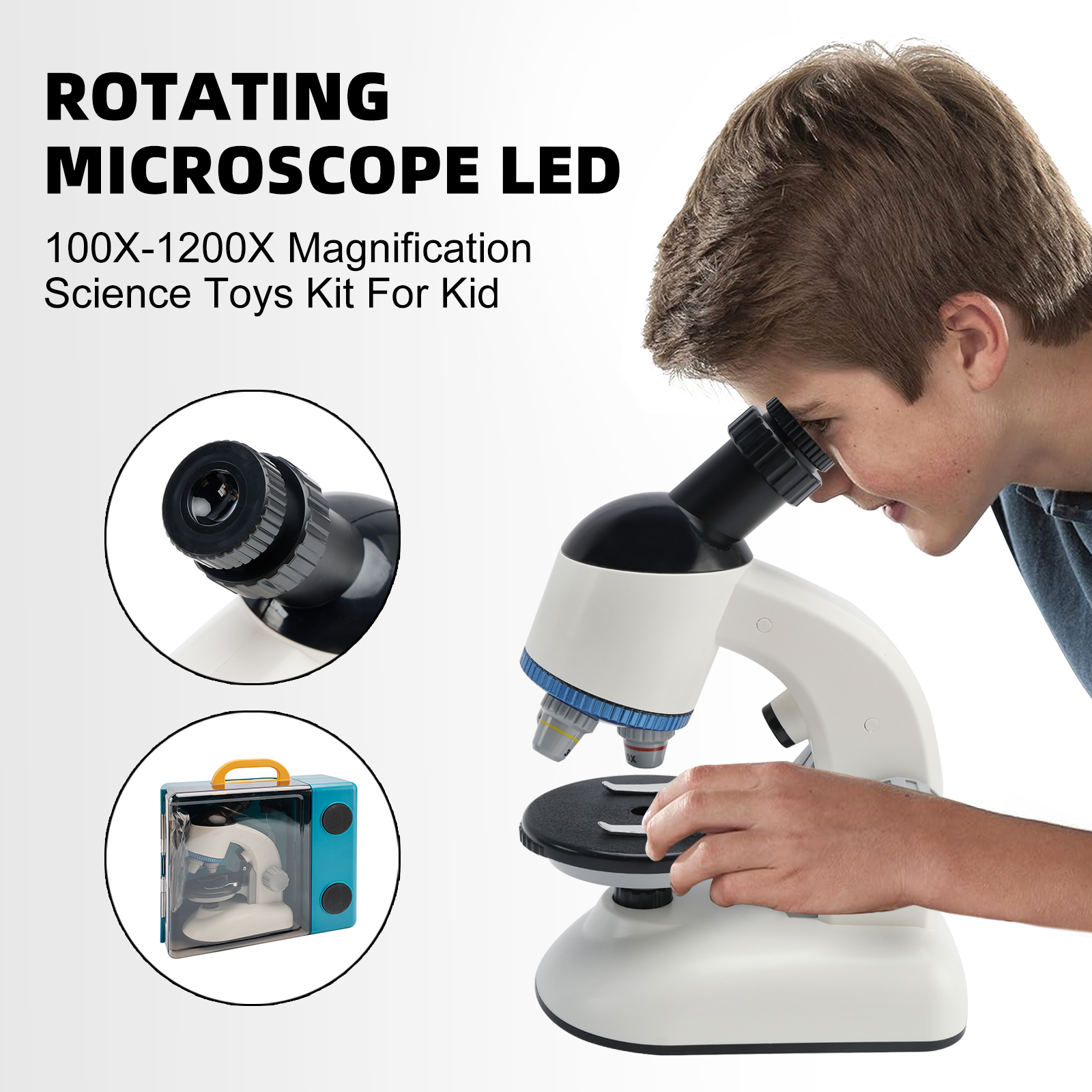 Rotating Microscope LED 100X-1200X Magnification Science Toys Kit For Kid White detail view 3