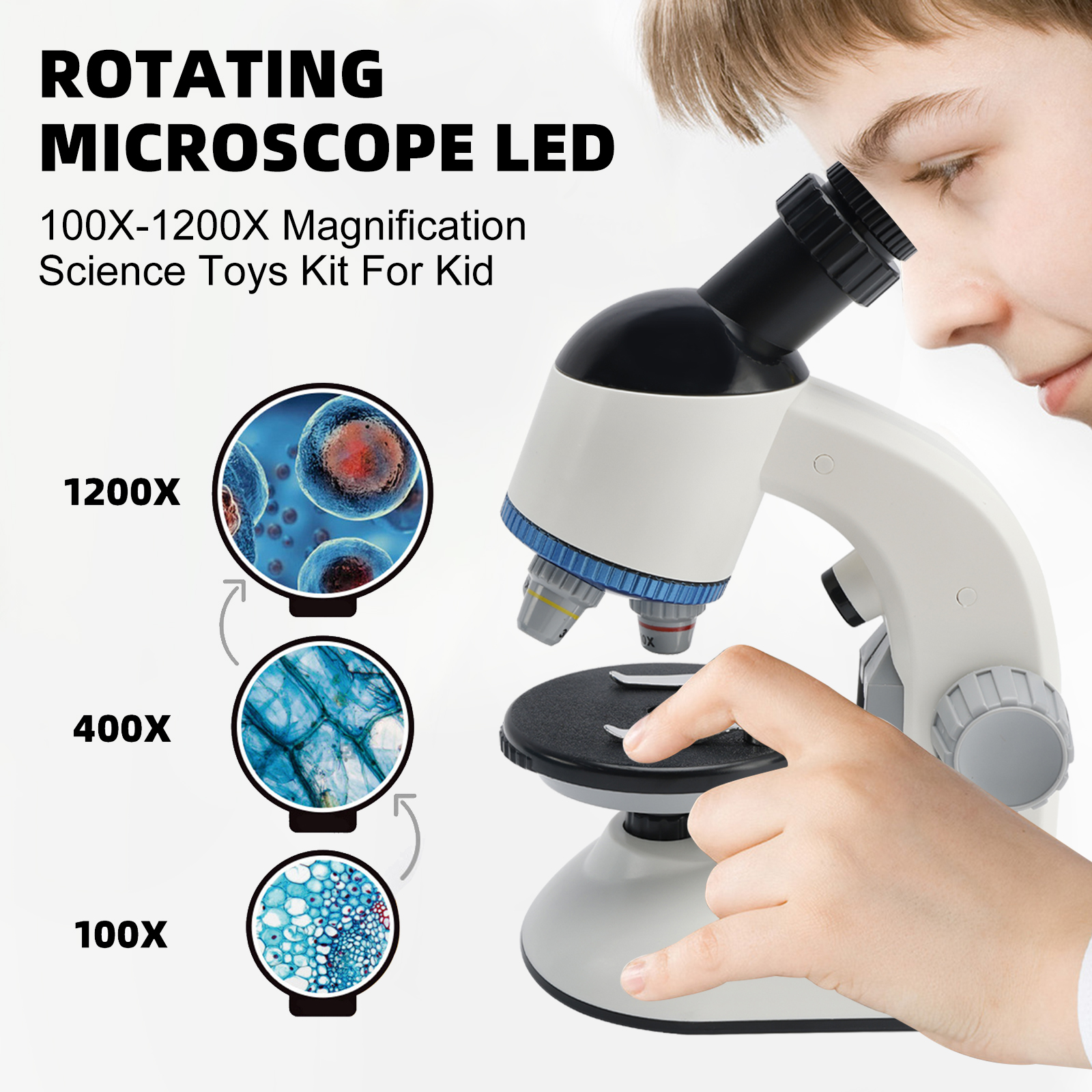 Rotating Microscope LED 100X-1200X Magnification Science Toys Kit For Kid White detail view 1