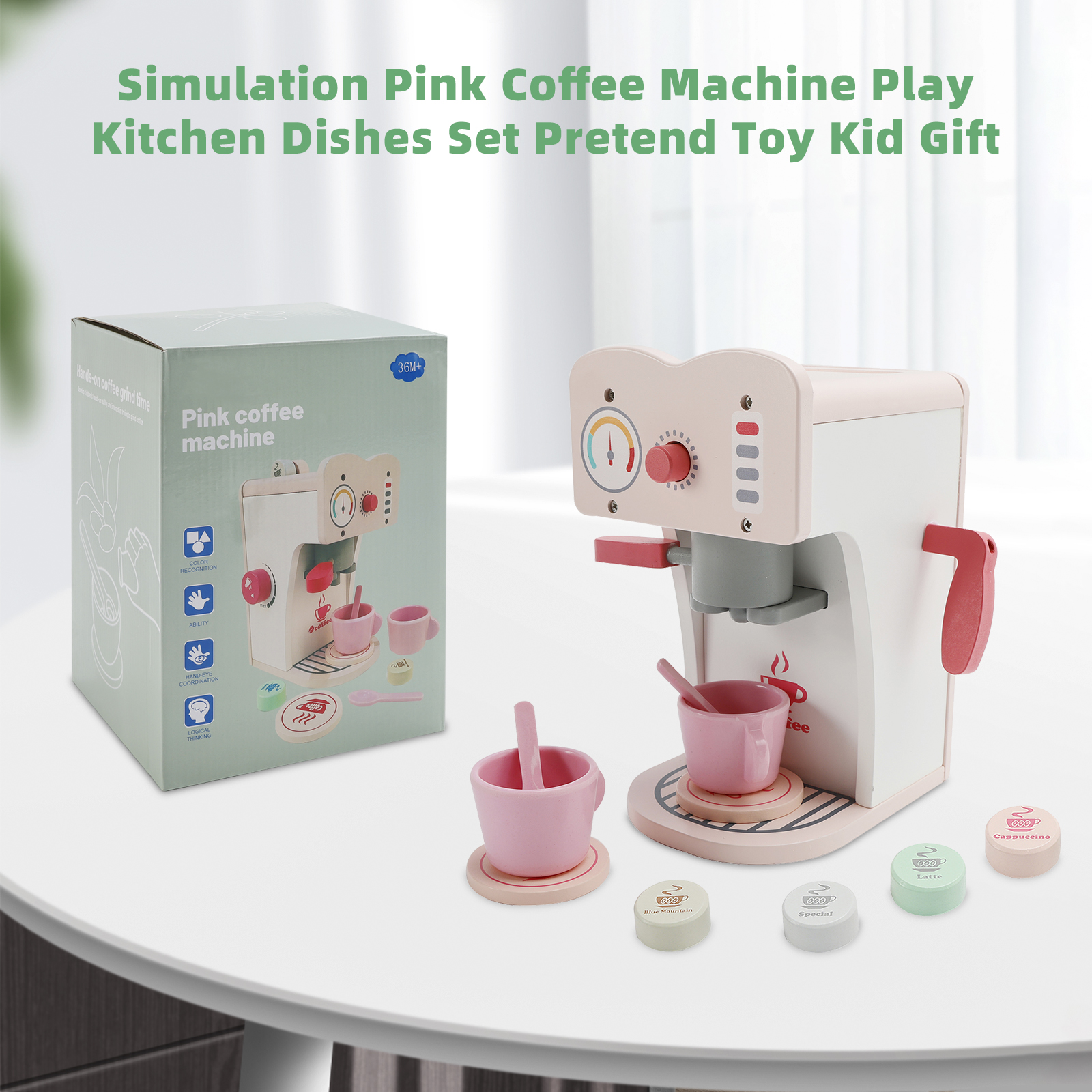 Simulation Pink Coffee Machine Play Kitchen Dishes Set Pretend Toy Kid Gift detail view 1