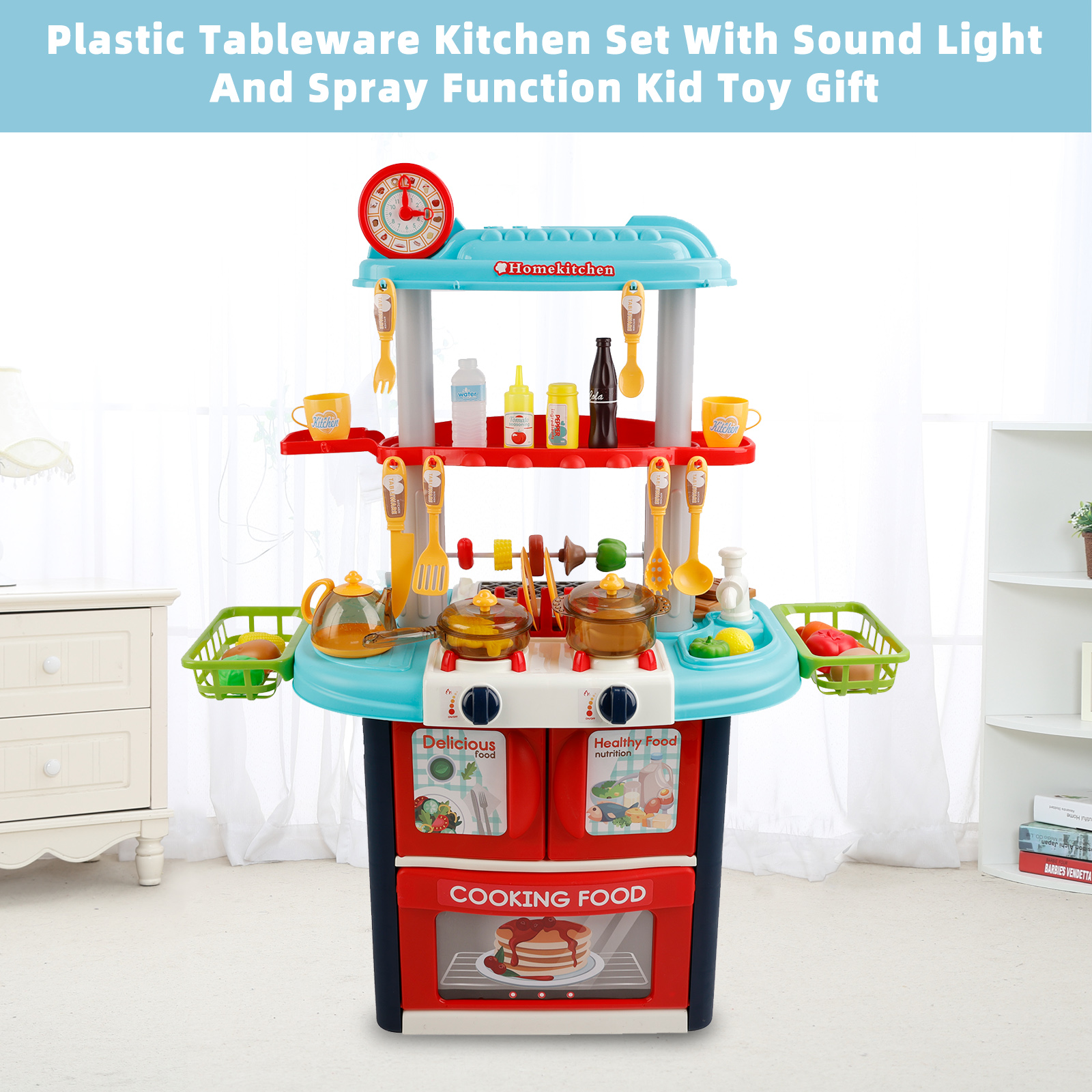 Plastic Tableware Kitchen Set With Sound, Light And Spray Function Kid Toy Blue detail view 3