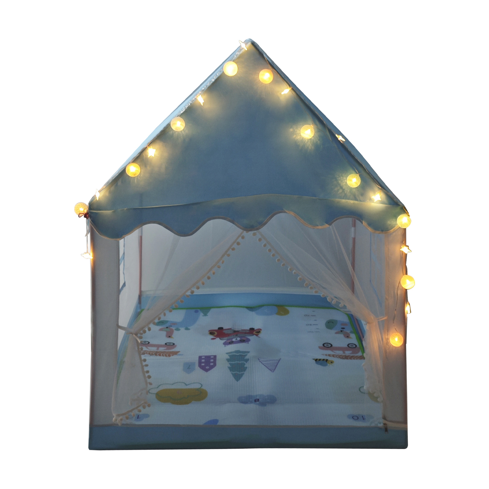 Kids Indoor Play Tent for Boys & Girls, Assembly Tent with Metal Frame, Mesh Window, Optional Star Lights & Mat, Portable Children’s Playhouse with Carry Bag Blue detail view 3