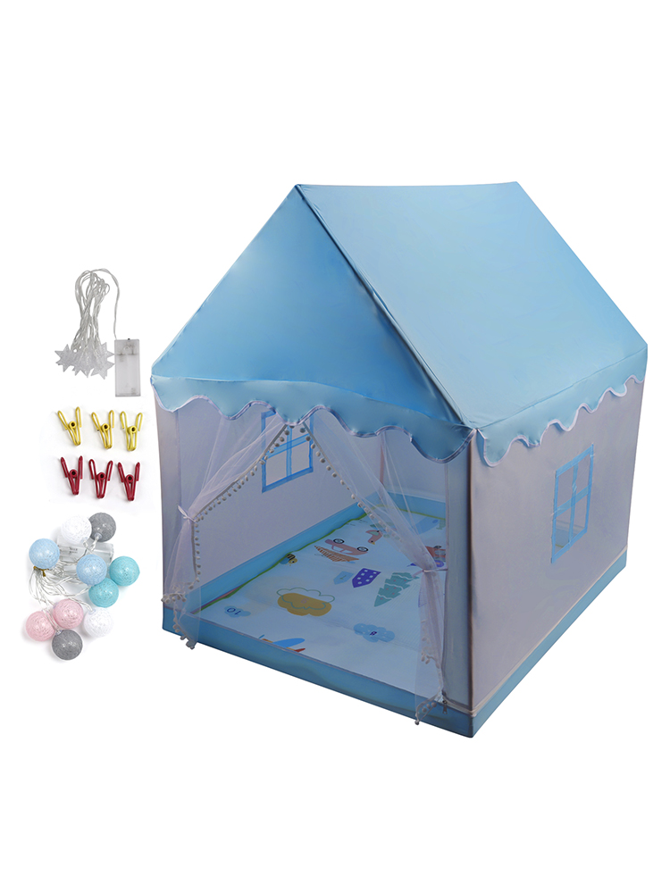 Kids Indoor Play Tent for Boys & Girls, Assembly Tent with Metal Frame, Mesh Window, Optional Star Lights & Mat, Portable Children’s Playhouse with Carry Bag Blue detail view 4