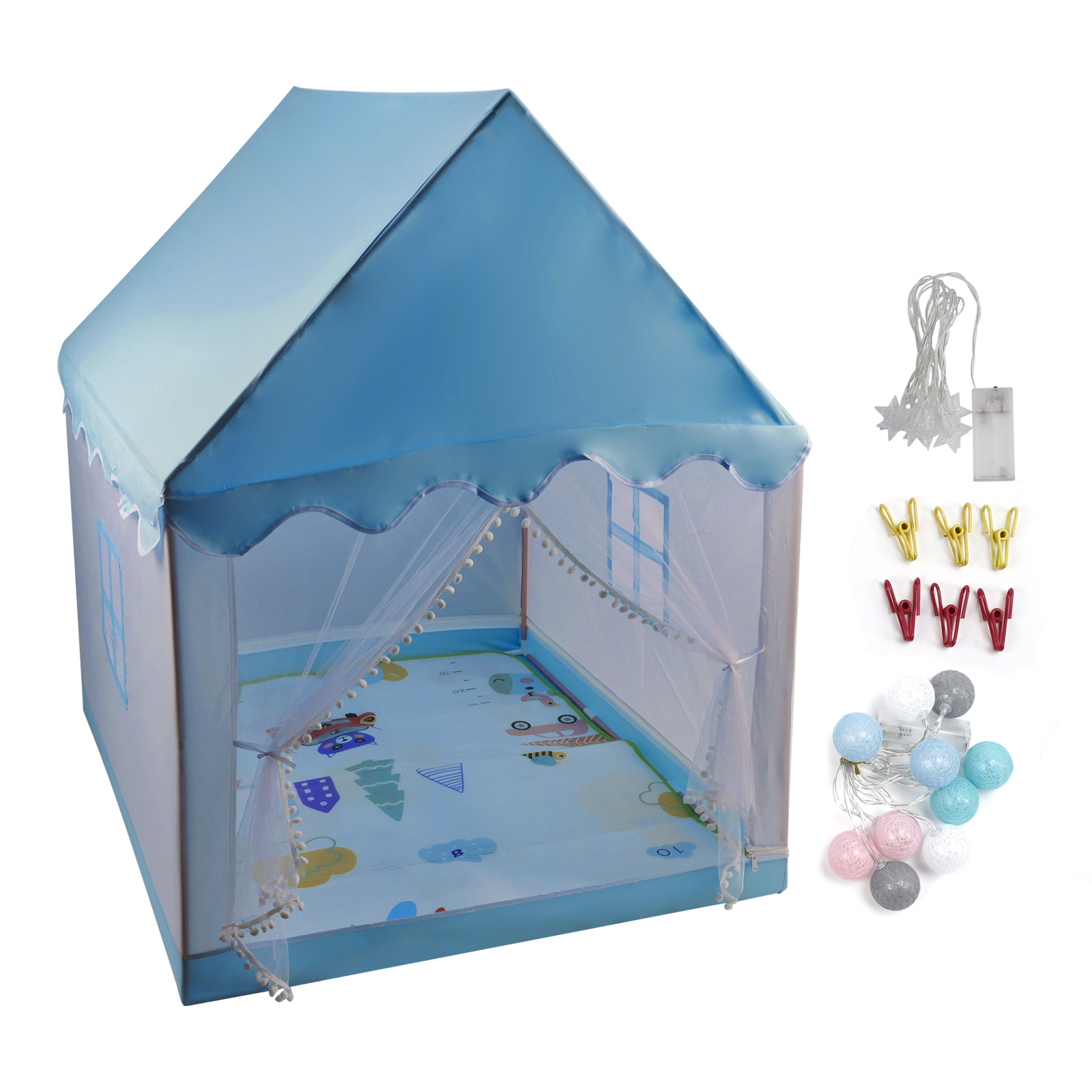 Kids Indoor Play Tent for Boys & Girls, Assembly Tent with Metal Frame, Mesh Window, Optional Star Lights & Mat, Portable Children’s Playhouse with Carry Bag Blue detail view 2