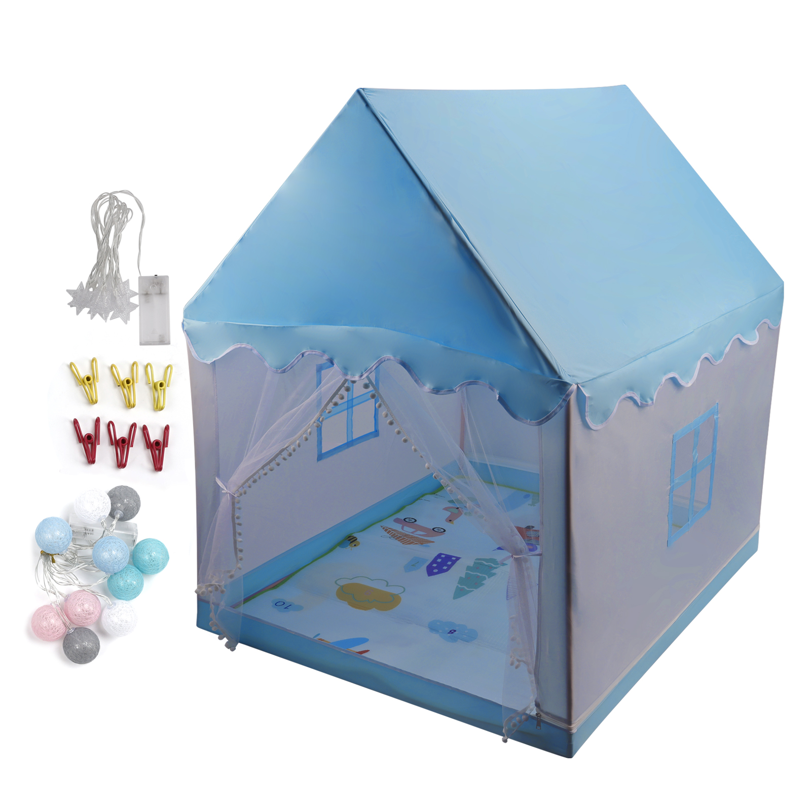 Kids Indoor Play Tent for Boys & Girls, Assembly Tent with Metal Frame, Mesh Window, Optional Star Lights & Mat, Portable Children’s Playhouse with Carry Bag Blue detail view 1
