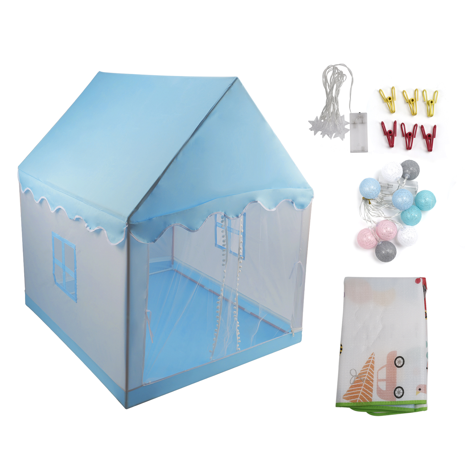 Kids Indoor Play Tent for Boys & Girls, Assembly Tent with Metal Frame, Mesh Window, Optional Star Lights & Mat, Portable Children’s Playhouse with Carry Bag Blue
