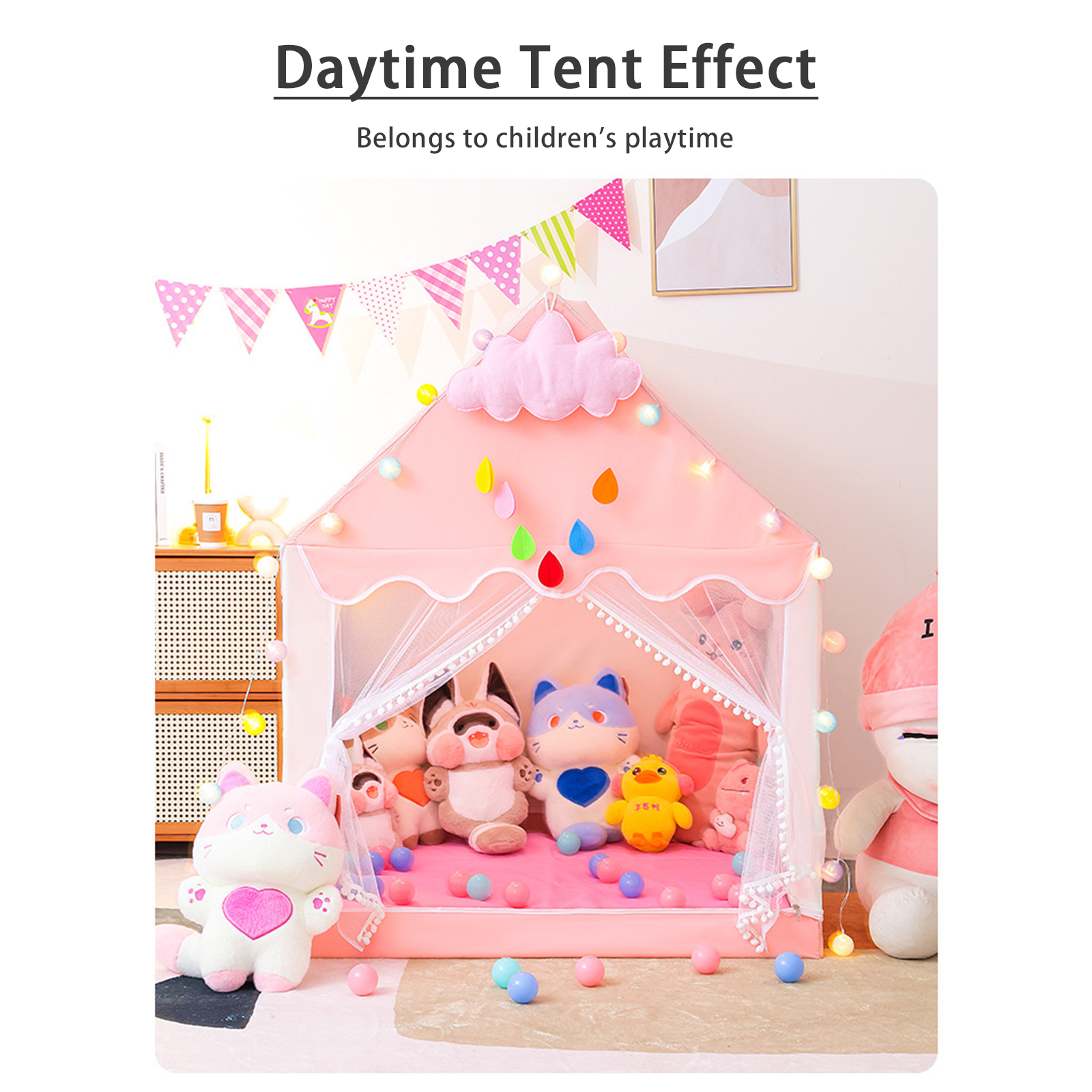 Kids Indoor Play Tent for Boys & Girls, Assembly Tent with Metal Frame, Mesh Window, Optional Star Lights & Mat, Portable Children’s Playhouse with Carry Bag Pink detail view 4