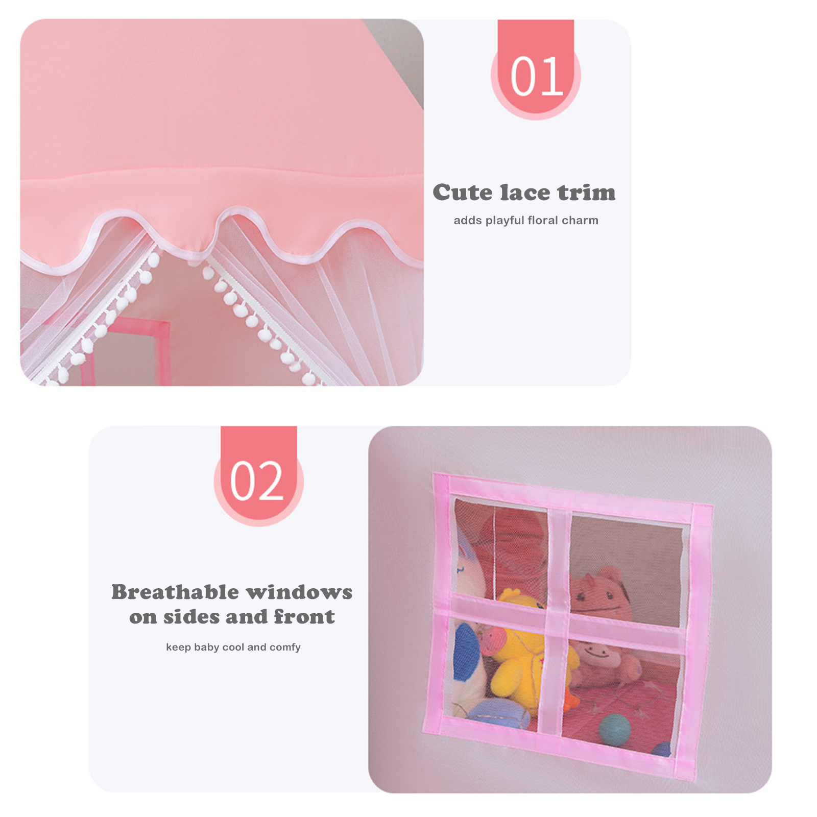 Kids Indoor Play Tent for Boys & Girls, Assembly Tent with Metal Frame, Mesh Window, Optional Star Lights & Mat, Portable Children’s Playhouse with Carry Bag Pink detail view 3